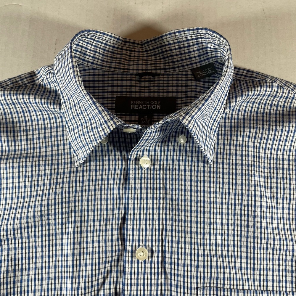 Kenneth Cole Men's Blue and White Gingham‎ Check Dress Shirt, Size M (15-15.5)